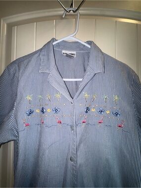 Alfred Dunner Blue & White Striped Button-Down with Floral & Flamingo Embroidery